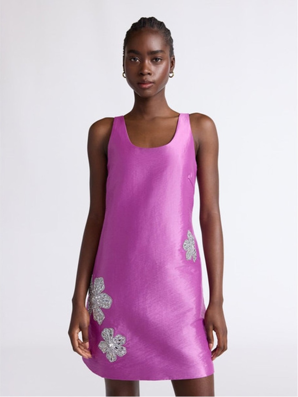 Scoop Purple Pink Sleeveless Taffeta Embellished Mini Shift Dress with Pockets